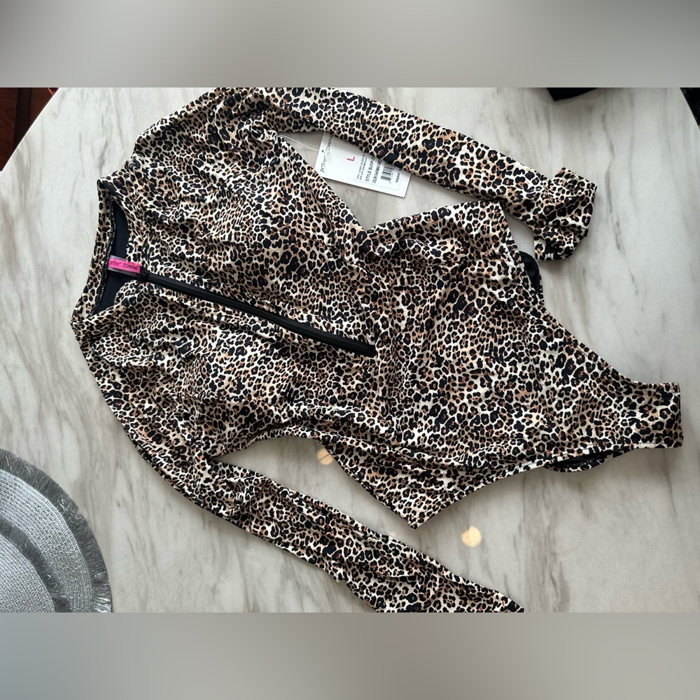 Betsey Johnson Leopard-Pattern Zip Front Long Sleeve Bodysuit - Black, Tan